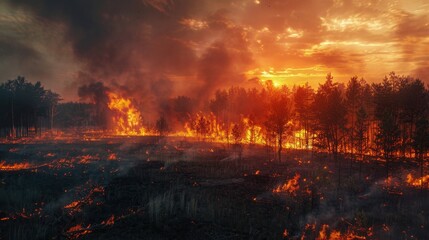 Grass burning in a vast meadow, trees ablaze, smoke spreading, capturing the chaos and destruction of an ecological catastrophe