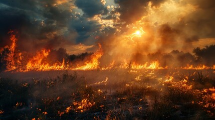 Fototapeta premium Grass and trees burning fiercely, thick smoke filling the sky, an intense scene of ecological catastrophe