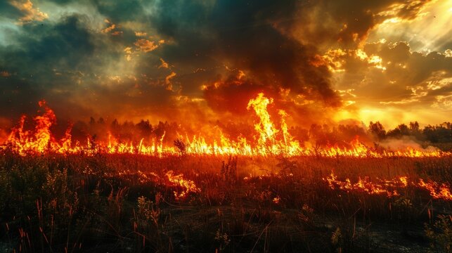 Grass burning in a vast meadow, trees ablaze, smoke spreading, capturing the chaos and destruction of an ecological catastrophe