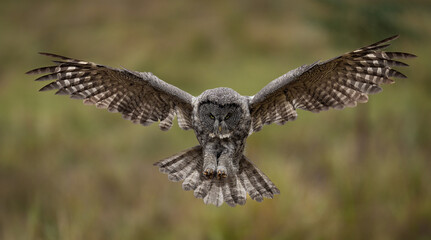 Obraz premium Great grey owl hunting in the Rocky Mountains