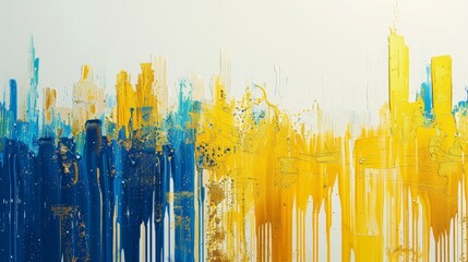 Gold and blue dripping paint forming abstract skyscrapers on a white and blue background, combining architectural and abstract elements