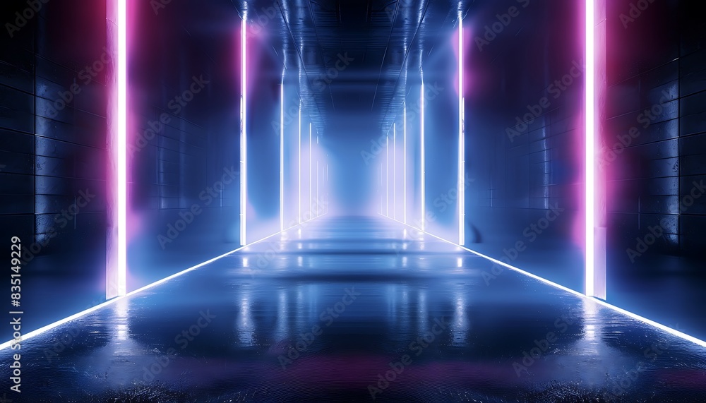 Poster 3d rendering abstract dark empty scene blue neon light on black background