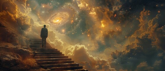 A man is walking up a set of stairs in a sky filled with clouds