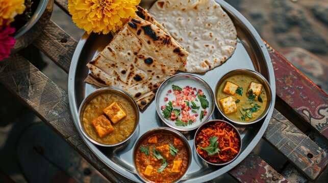 A homemade Indian thali meal featuring dal, paneer tikka, vegetable curry, raita, and chapati bread, served on stainless steel plates on a dining table adorned with marigold flowers.