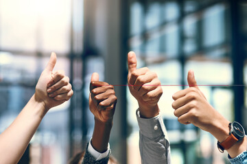 Hands, thank you and thumbs up with business people closeup in glass office for promotion,...