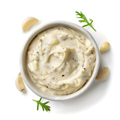 Garlic dip isolated on white background, top view