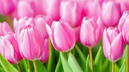 Naklejka premium close-up of colorful pale pink tulips, field of flowers in spring