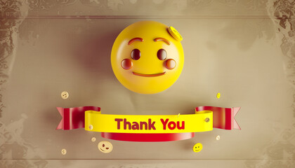 Illustrate a 3D luxury yellow emoji above a red ribbon banner stating "Thank You" in yellow, against a muted khaki background.