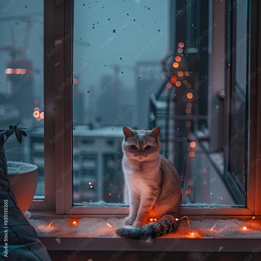 Poster cozy cat sitting by the window with city lights in the background and fairy lights creating a warm a