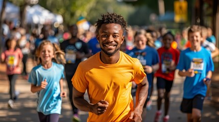 Fototapeta premium A young African man participates in a running competition with happiness, victory, determination, sport, exercise.