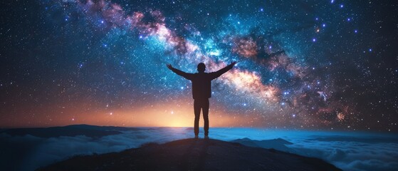 Fototapeta premium A man stands on a mountain top, looking up at the stars