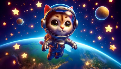 Cute Astronaut Cat Floating in Space