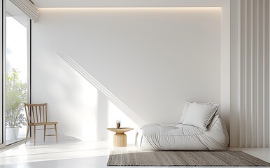 Modern white living room interior 3d rendering image.A blank wall with pure white. Decorate wall with extrude horizon line pattern and hidden warm light 