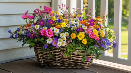 A cheerful arrangement of vibrant daisies and wildflowers, bursting with color and energy, presented in a rustic wicker basket on a sun-drenched porch. The playful mix of hues and textures creates a