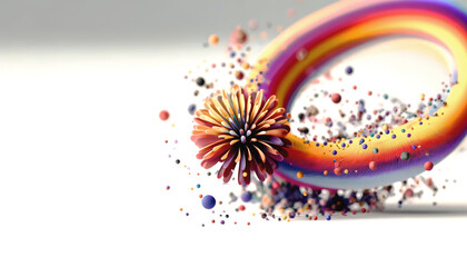 A vibrant, abstract burst of colorful petals and particles, emanating from a swirling ring, creates a dynamic and energetic visual against a white background.