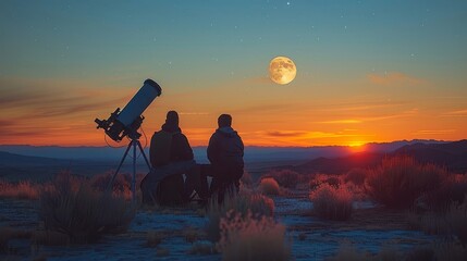Astronomers observing the night sky through a telescope. AI generate illustration