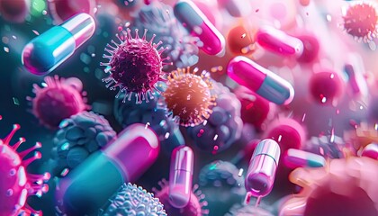 A detailed close-up of colorful capsules and virus particles under a microscope, representing medical research and pharmaceuticals.