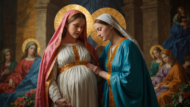 The Visitation: Holy Motherhood of the Blessed Virgin Mary with the Christ Child in Her Womb and Her Pregnant Cousin Elizabeth.
