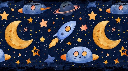 3D cartoon moon and stars pattern with rocket ships and aliens, in the style of 3D cartoon, adorable cute character design, matte finishing textures, minimalist realistic vector art, dark blue, purple