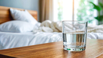 The wooden table is next to the bed.There was an empty glass of water on the table. Drinking water in the morning benefits.concept Health Fitness Drinking water and getting adequate sleep.