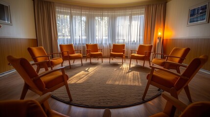 Empty chairs arranged in a circle in a therapy room, designed for group discussions, warm and comfortable setting