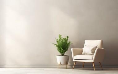A white chair next to a vase of dried flowers and background