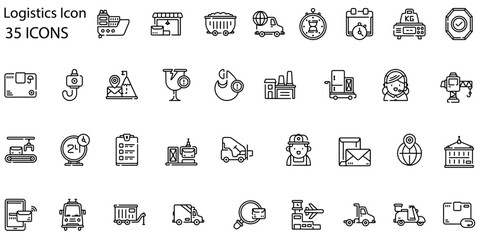 Logistics icon set. Containing distribution, shipping, transportation, delivery, cargo, freight, route planning, supply chain, export and import icons. Solid icon collection.
