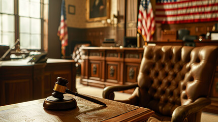 Gavel on Judge's Bench in Courtroom Environment