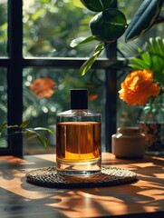 Close-up shot of perfume bottle with appropriate background, lighting and backdrop for advertising illustration, product presentation with space for text.