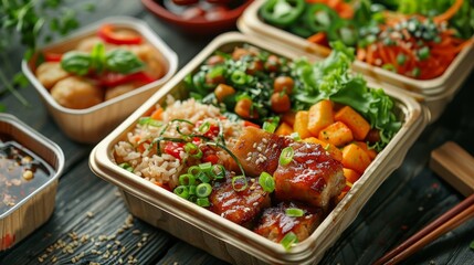 Eco-friendly disposable lunch box with a delicious assortment of takeaway food, highlighting sustainable packaging options