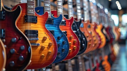 A row of different electric guitars hanging in the music store