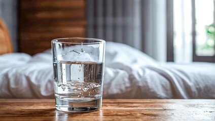 The wooden table is next to the bed.There was an empty glass of water on the table. Drinking water in the morning benefits.concept Health Fitness Drinking water and getting adequate sleep.