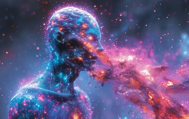 A surreal digital artwork featuring a glowing human figure amidst cosmic energy and vibrant colors, symbolizing creativity and transformation.