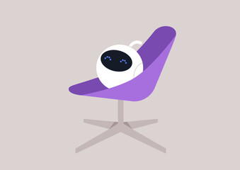 Obraz premium A white robot with blue eyes sits in a purple chair, taking a moment to relax