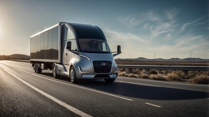 A conceptual representation of an autonomous delivery truck navigating along a bustling highway.