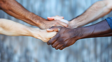 Diverse Team Unity: Inclusive Handshake Imagery Symbolizing Workplace Harmony. Ideal for Corporate Responsibility and Diversity Ads in Photo Stock