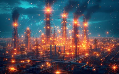 Fototapeta premium Industrial skyline with illuminated towers emitting smoke against a dramatic evening sky, showcasing urbanization and industrial progress.