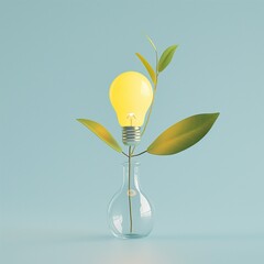 Pastel yellow bulb on top of the stem with leaves, in a transparent vase, minimalistic composition, studio concept. The bulb is the flower. Baby blue background. 