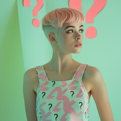 Teenager model, modern look, short futuristic haircut, dress with question mark pattern, light pink and pastel light teal colors. question mark. Minimalistic studio concept photo.