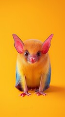Cute yellow baby bat, looking at the camera, ultra pastel colors, yellow, pink, blue colors, minimalistic studio concept photo.