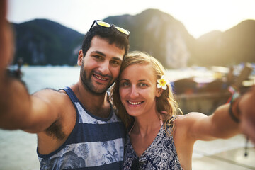 Portrait, happy couple and selfie on beach for memory, date or holiday in relationship as partner....