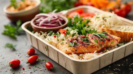 Disposable lunch box with an appetizing selection of takeaway food, highlighting eco-conscious packaging made from natural fibers