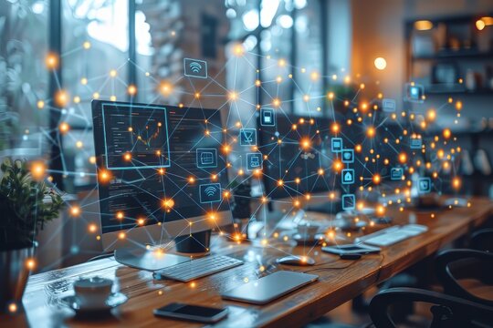 Modern workspace with digital network connections displayed on computer screens. High-tech office environment with technology integrations.