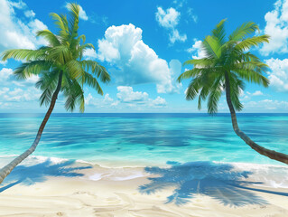 A stunning beach scene with palm trees swaying gently in the breeze, overlooking crystal clear waters under a bright blue sky