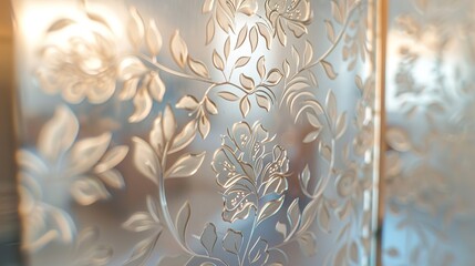Interior closeup of a glass partition with etched designs, capturing the artistic patterns and...