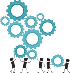 Working as a team, stick figure. Several stick figures holding gears above their heads. The best work is done among all.
