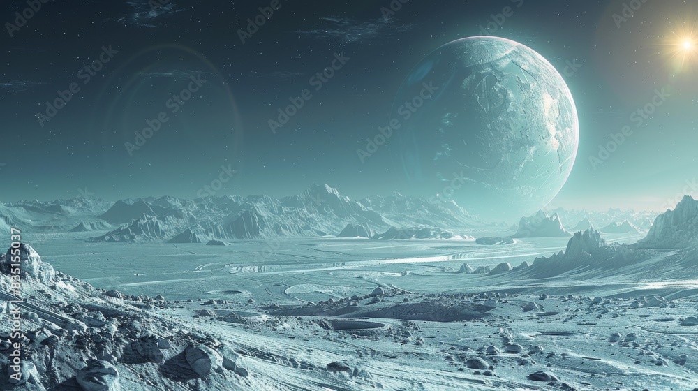 Wall mural a desolate landscape with a large planet in the background