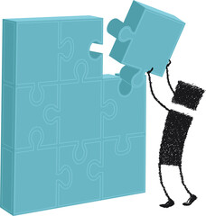 Finishing the puzzle, stick figure. A stick figure just solve a large three-dimensional puzzle.