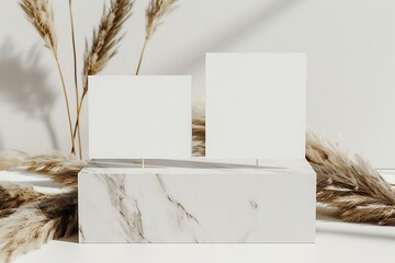 A two white cards on a marble surface on a background