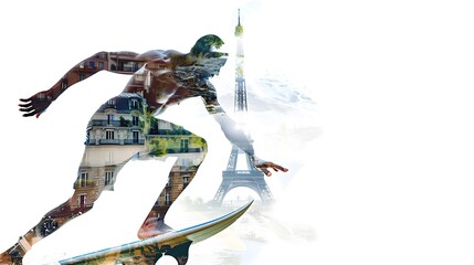 Double Exposure of Surfer in Action with Parisian Landmarks, White Background, Artistic Fusion of Sport and Culture